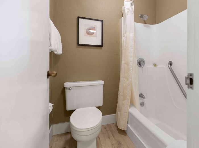 A small bathroom with a shower-tub combo, a toilet, a towel rack, and a framed picture on a tan wall. The floor is light wood.