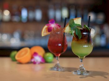 The image shows two colorful cocktails garnished with fruits and mint, set on a bar counter with blurred background, featuring limes and oranges.
