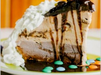 A slice of ice cream cake drizzled with chocolate sauce, topped with whipped cream and chocolate candies, on a white plate.