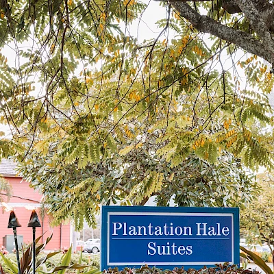 The image shows a blue sign that reads "Plantation Hale Suites," set against a background of trees and some buildings.