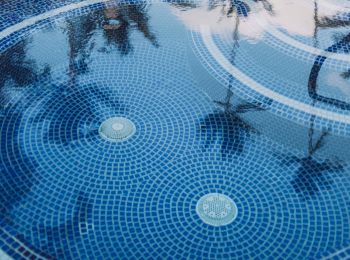The image shows a close-up view of a blue-tiled swimming pool with reflections of palm trees and a ladder in the water, creating a serene scene.