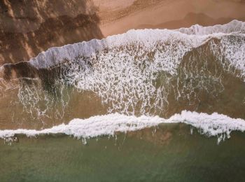 Aerial view of ocean waves crashing onto a sandy beach, creating a pattern of white foam on the surface of the water.