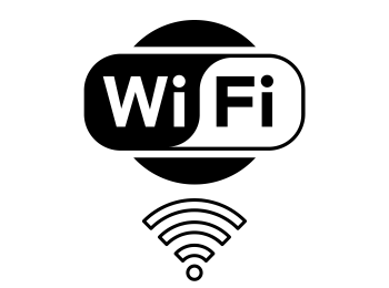 The image shows a WiFi symbol with a black and white design. There is a WiFi logo above a typical wireless signal icon depicted with arcs and a dot.
