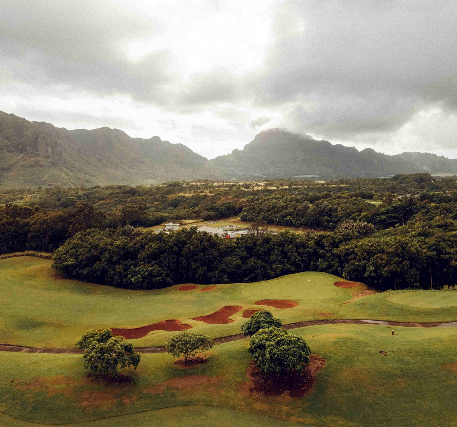 A scenic view of a golf course with lush greenery, trees, distant mountains, and a cloudy sky in the background.