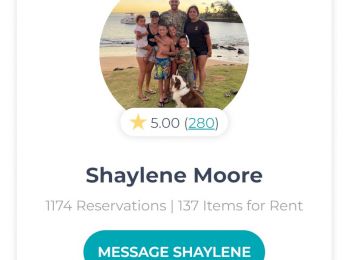 The image displays a profile with a family photo and a dog. The name listed is Shaylene Moore with a 5.00 rating and options to message her.